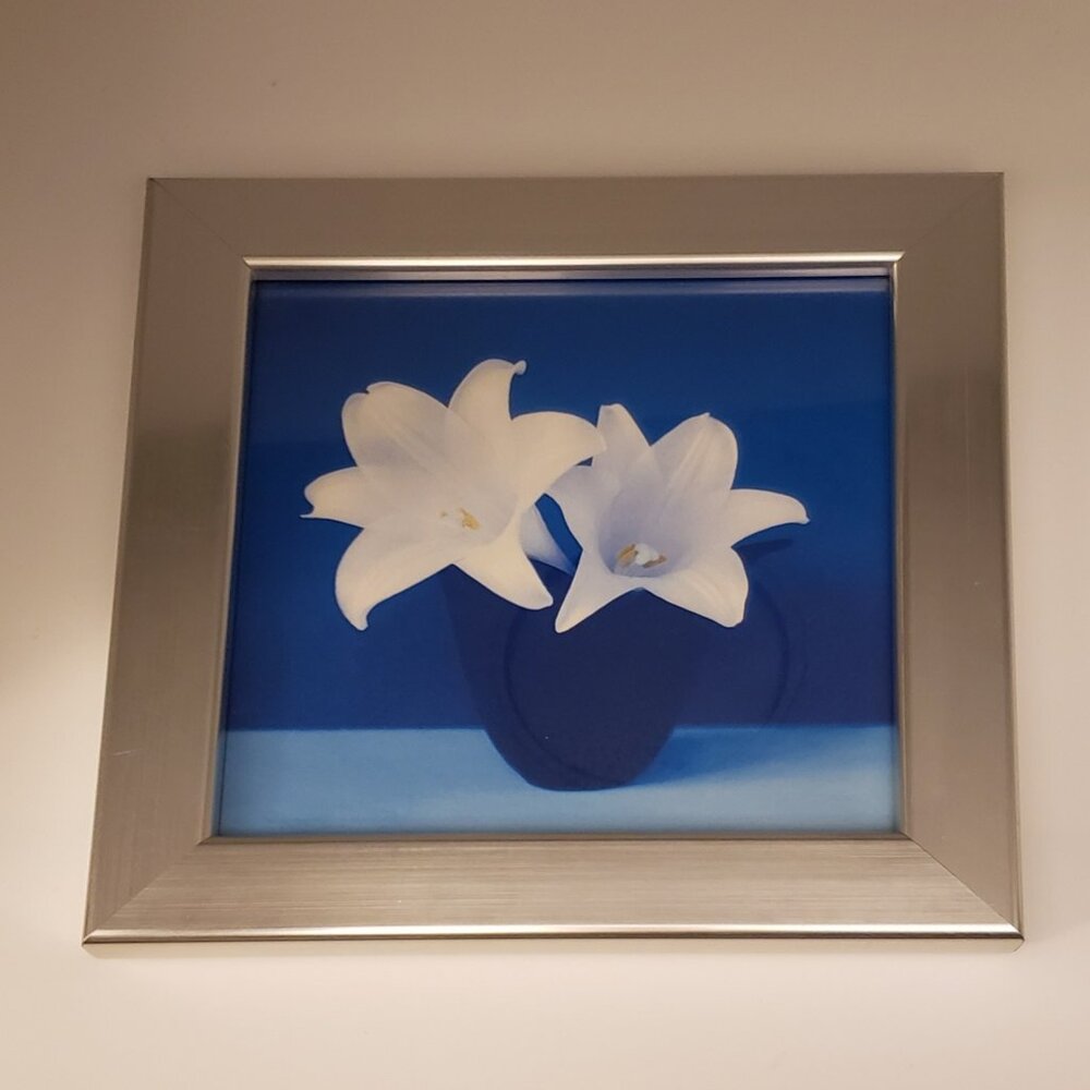 White Lillies Blue Background Framed Lithograph Brushed Silver-tone Frame 6x6